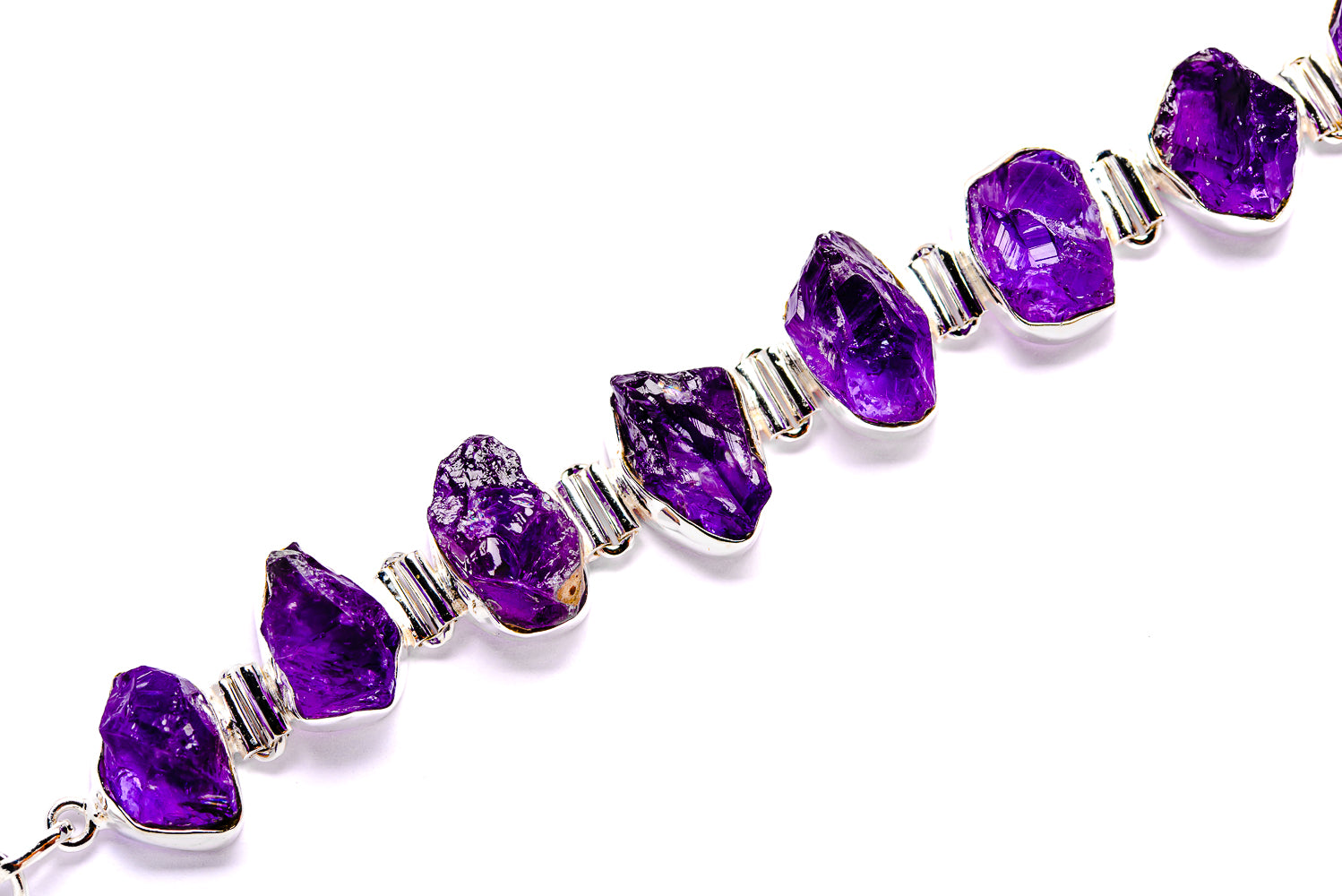 Rough amethyst bracelet with purple stones and silver links, 925 sterling silver.