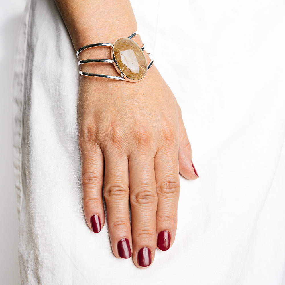 925 sterling silver adjustable cuff bracelet with oval rutilated quartz stone