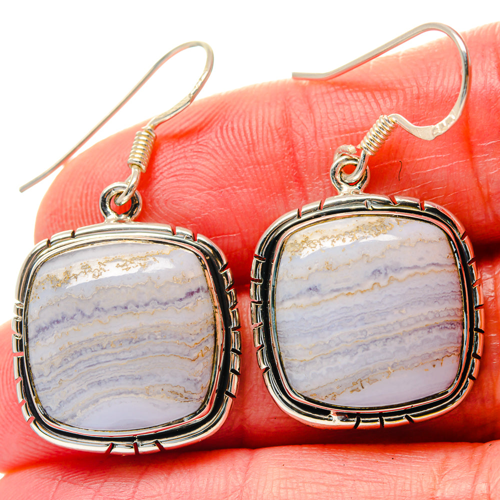 Blue lace agate dangle earrings with textured sterling silver square bezel, hook backs