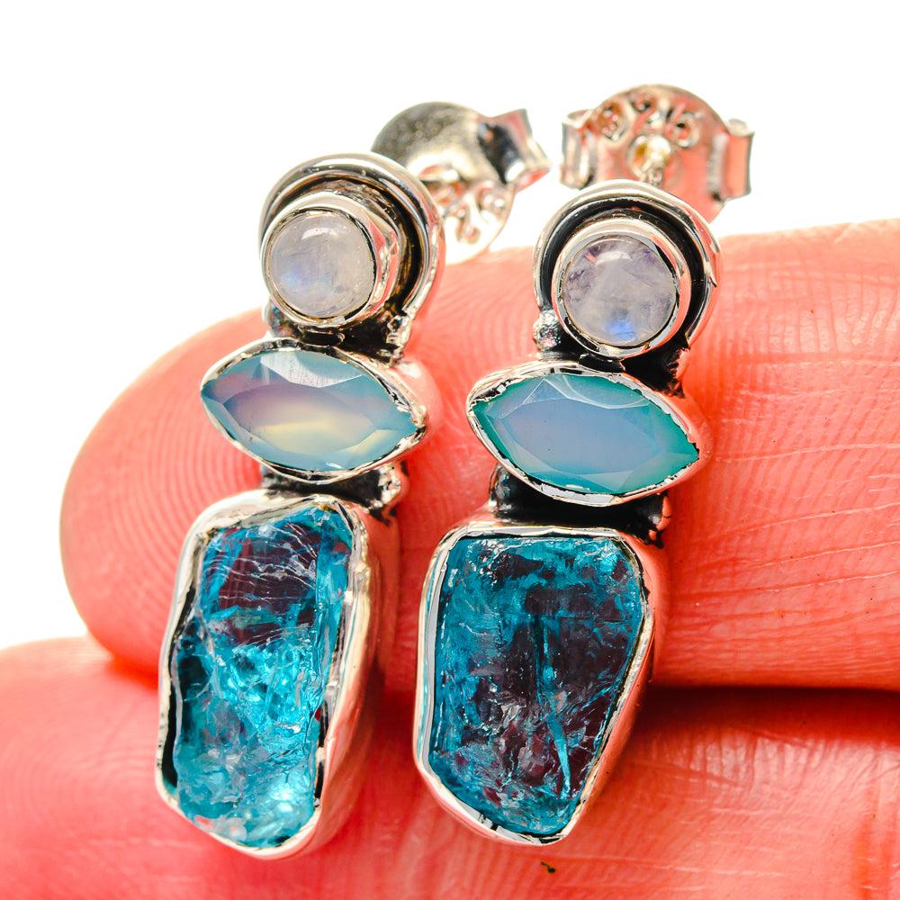 925 sterling silver drop earrings with round moonstone, teal oval top and rough blue stone