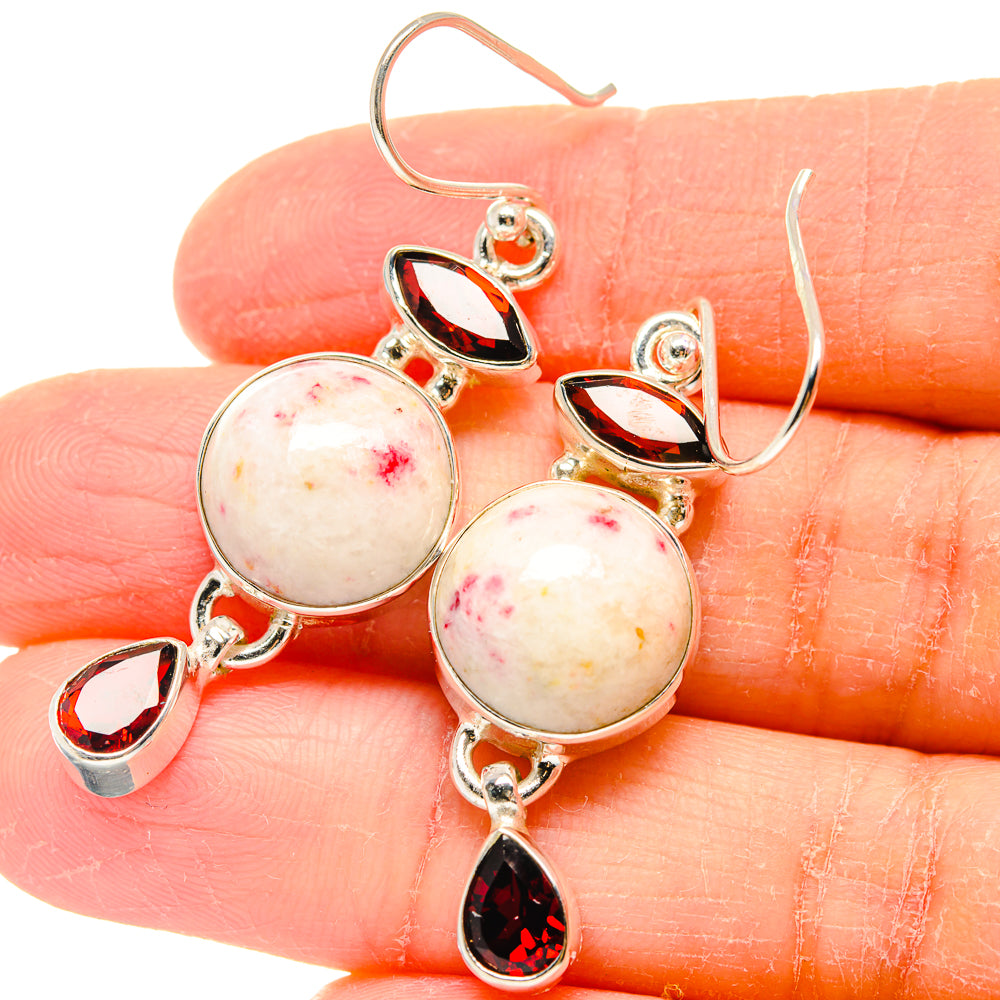 Sterling silver earrings with round cabochon, marquise garnet, and dangling teardrop