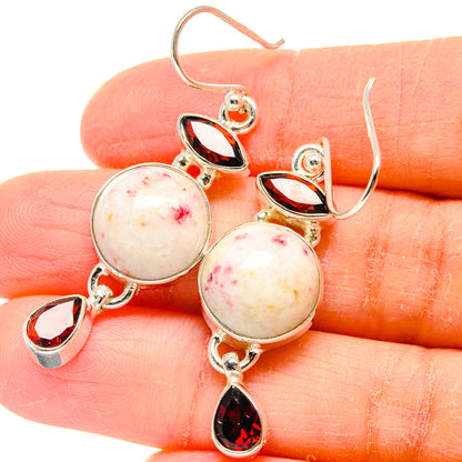 Sterling silver earrings with round cabochon, marquise garnet, and dangling teardrop