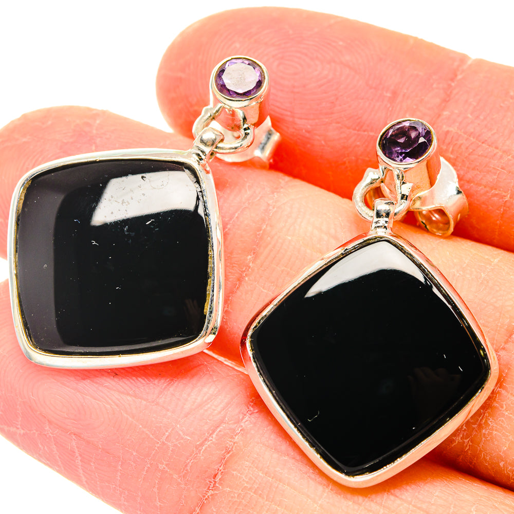 Black onyx drop earrings with amethyst accents, 925 sterling silver, round amethyst tops