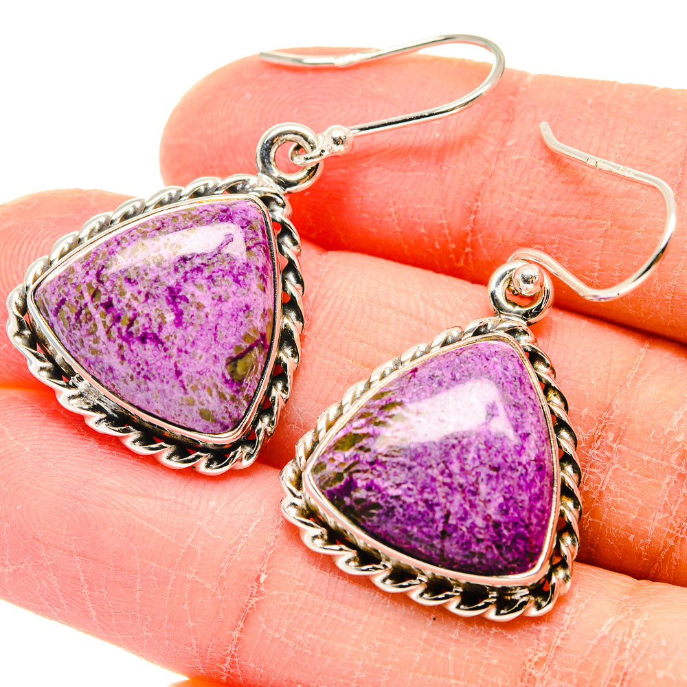 Sterling silver stichtite triangular drop earrings, ornate scalloped bezel, purple stone