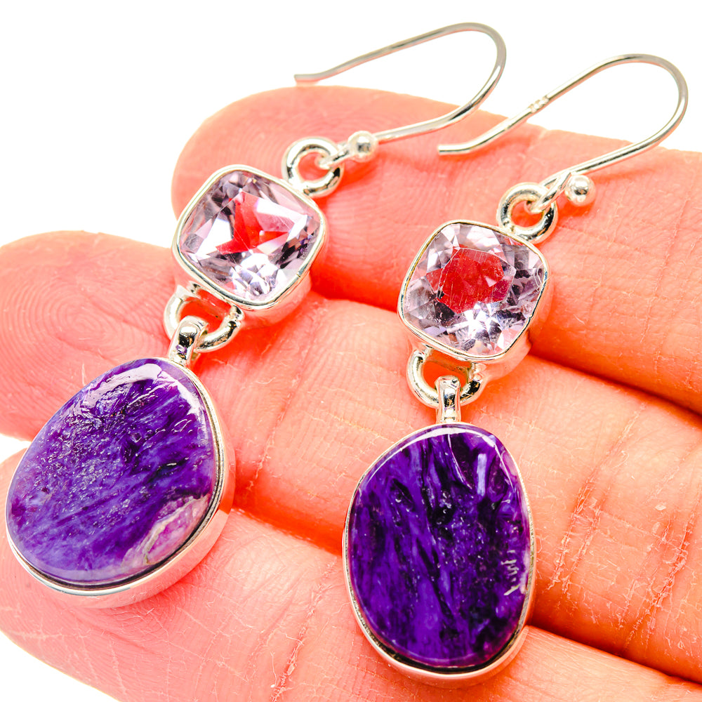 925 silver earrings with pink square gem tops and purple oval charoite drops