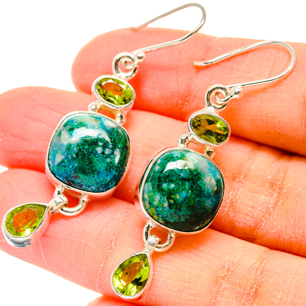 Chrysocolla & peridot earrings: oval teal stone with green peridot accents, sterling hooks