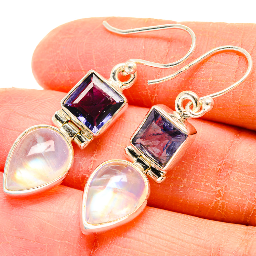 Tanzanite and moonstone earrings with blue-purple square stone and opal teardrop dangles, 925
