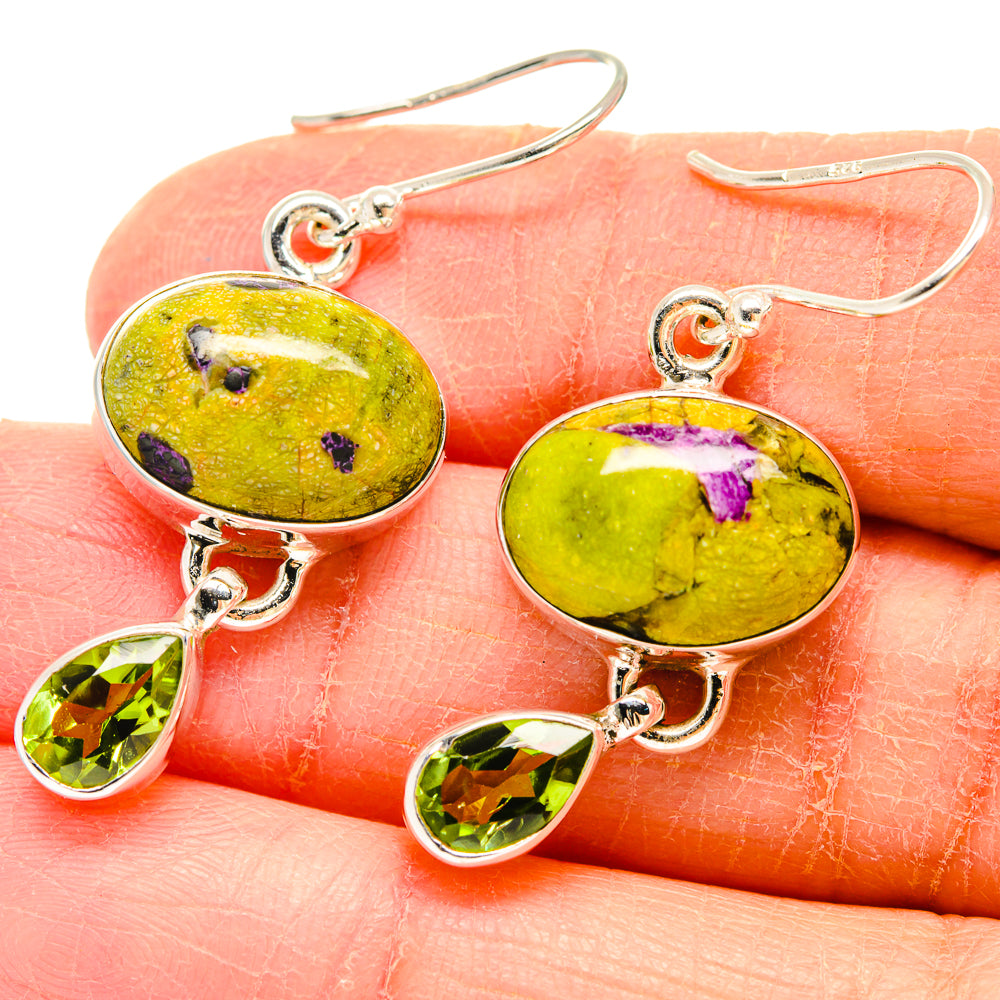Sterling silver dangle earrings with oval green gemstone and green teardrop crystal charms