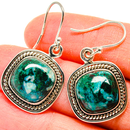 925 sterling silver chrysocolla drop earrings, teal stone with textured round border