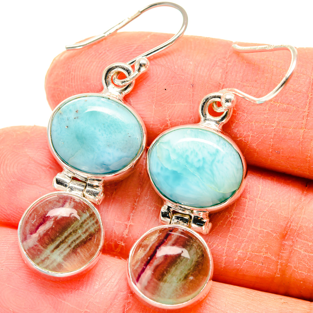 Sterling silver drop earrings with turquoise oval Larimar and multicolor fluorite round stones