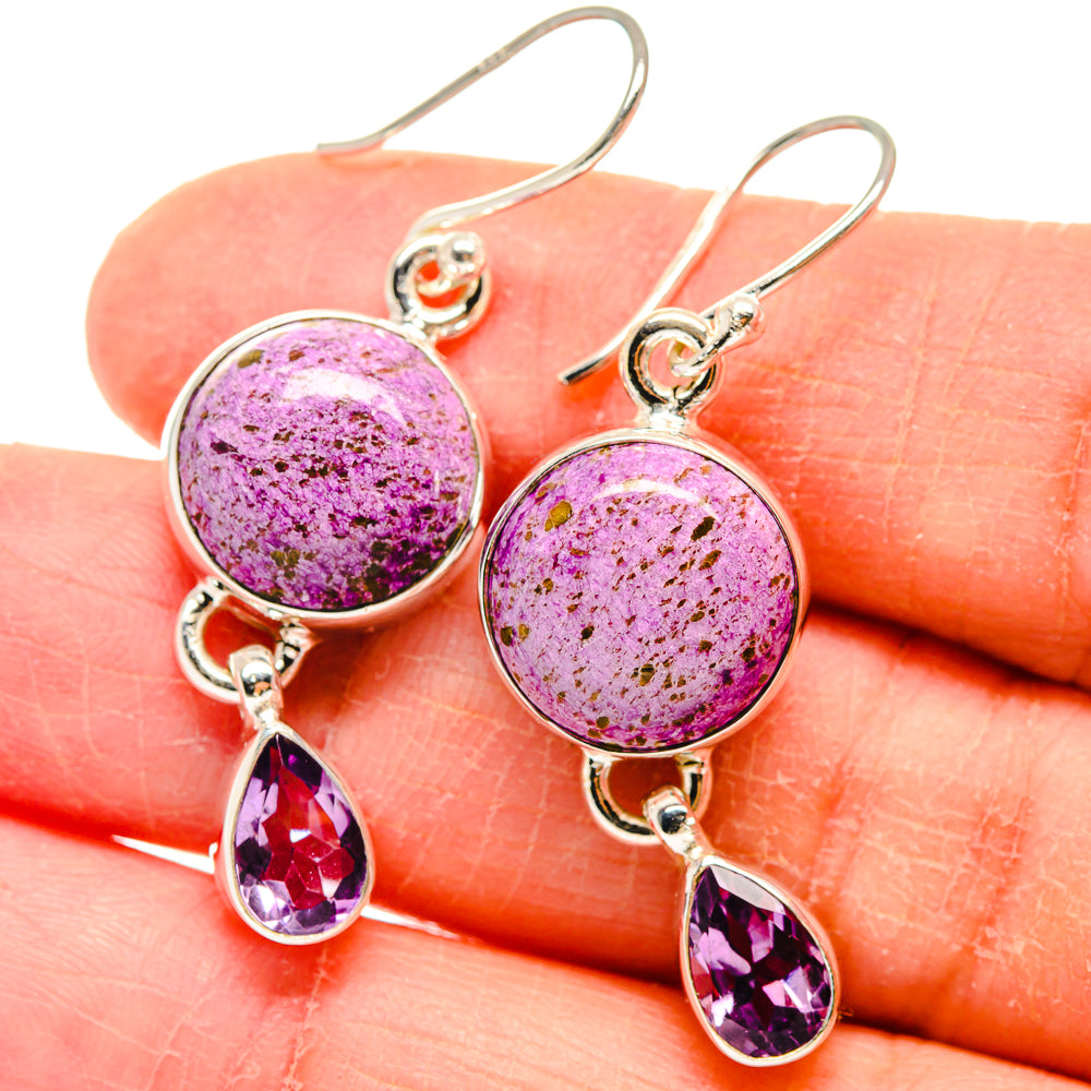 Purple cabochon dangle earrings with teardrop stones, 925 sterling silver hooks
