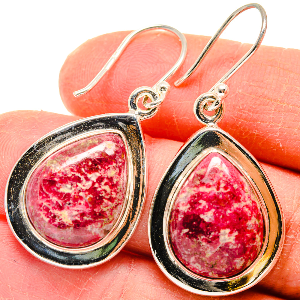 925 sterling silver teardrop earrings with pink-red speckled thulite and black border