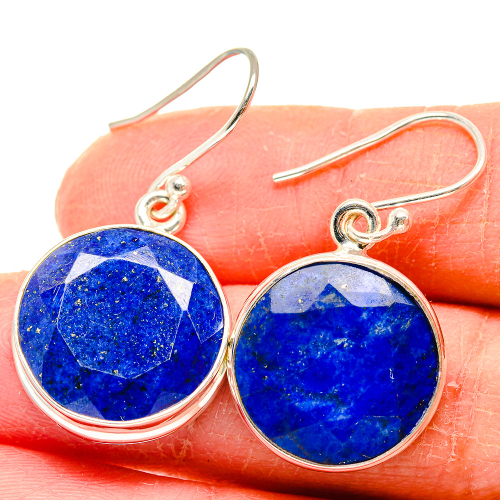 Sterling silver lapis lazuli drop earrings, round blue stones, fishhook backs