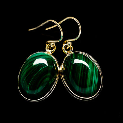 Malachite oval drop earrings, green striped stones and gold-tone lever hooks