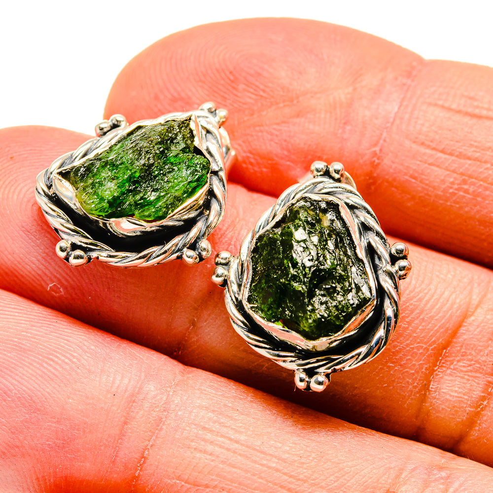 925 sterling silver teardrop earrings with rough green diopside and twisted rope bezel