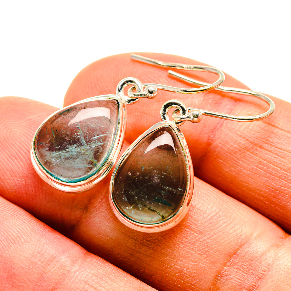 Teardrop fluorite earrings with green and dark mottled stones, gold-tone hooks