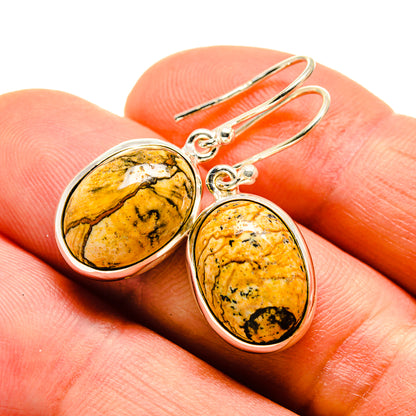 Sterling silver oval jasper cabochon earrings with black veining, fishhook backs
