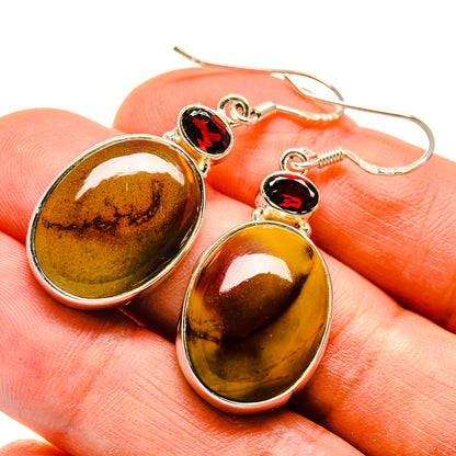 Mookaite drop earrings with oval amber stones, small red garnet accents, silver hooks
