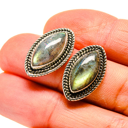 Oval labradorite stud earrings with silver rope border and multicolor gemstone oval