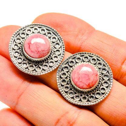 Pink rhodochrosite stud earrings with circular silver filigree settings, 925 sterling silver