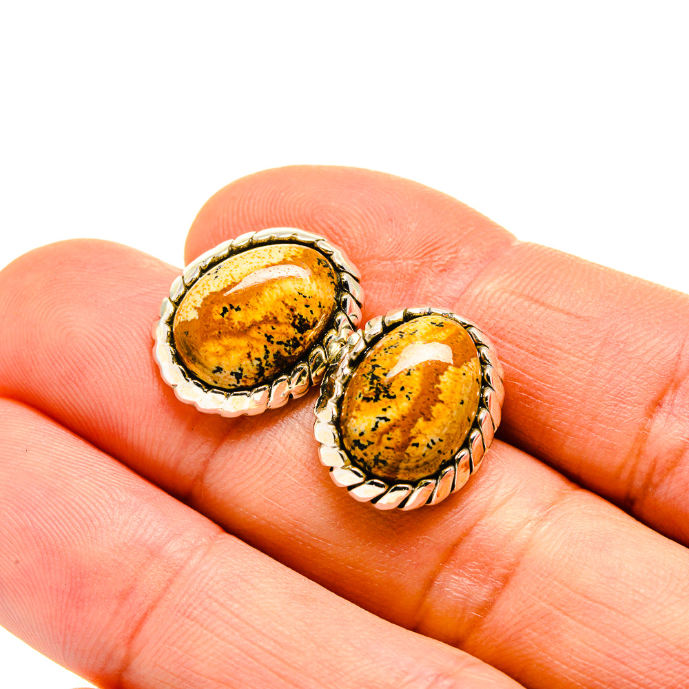 Picture jasper stud earrings with oval cabochon in silver beaded bezel