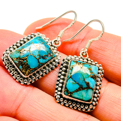 Turquoise square earrings with gold-speckled matrix, silver bezel and fishhook backs