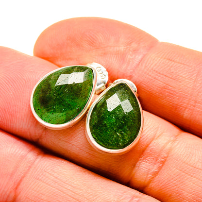 Green aventurine teardrop stud earrings in 925 sterling silver, green stone detail.