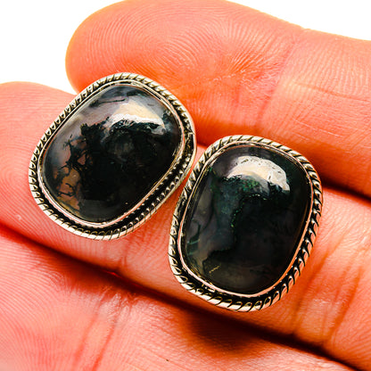 925 sterling silver oval agate stud earrings with dark green and black stone