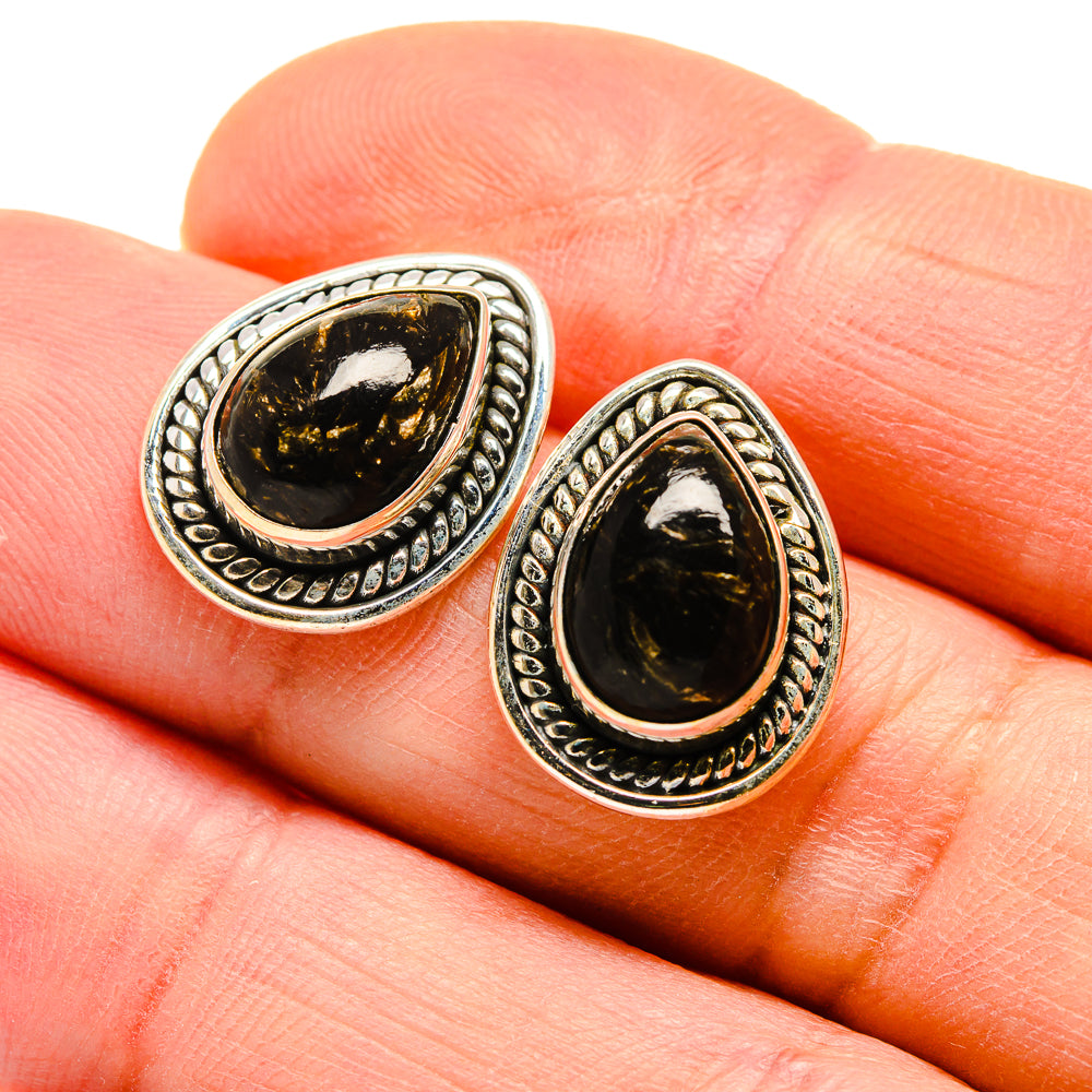 Teardrop seraphinite stud earrings in 925 sterling silver, ornate silver frame, gold flecks