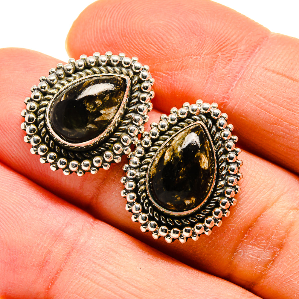 Golden seraphinite teardrop earrings, 925 sterling silver beaded frame, close-up