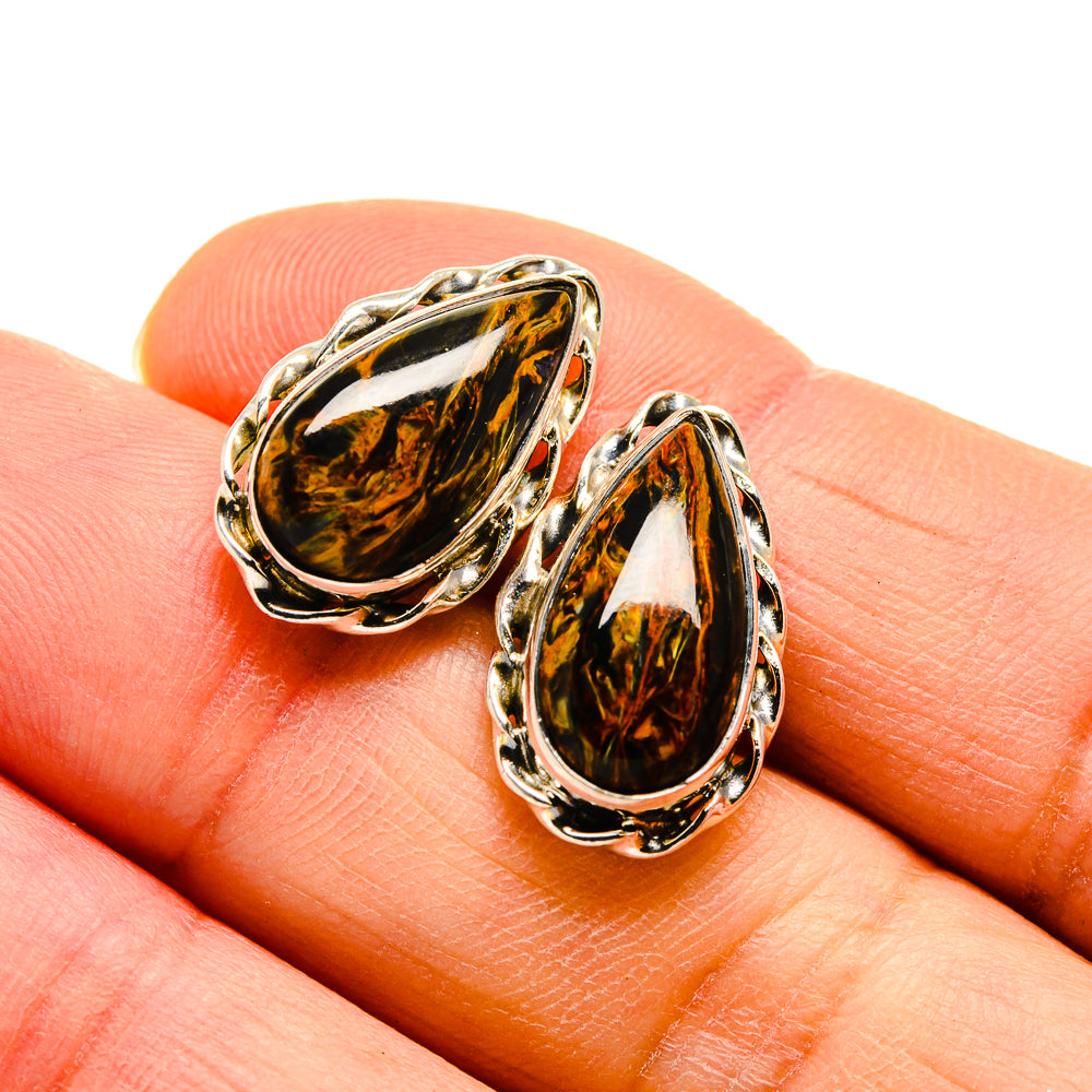 Pietersite drop earrings with oval bezel and scalloped 925 sterling silver setting