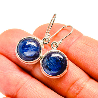 Round blue kyanite cabochon earrings with sterling silver hook backs