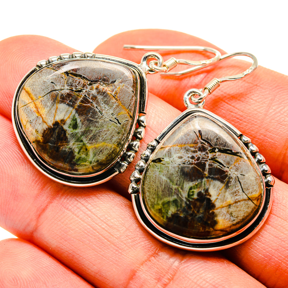 Teardrop jasper earrings with sterling silver bezel and fishhook backs, butterfly jasper