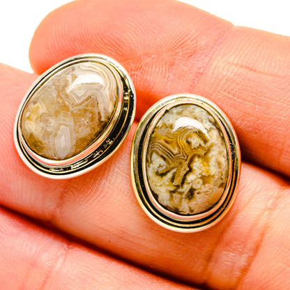 Oval lace agate stud earrings in 925 sterling silver with gold and cream bands
