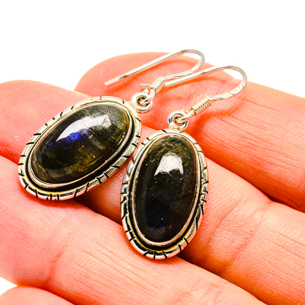 Oval labradorite earrings, 925 sterling silver bezel with fishhook hooks, blue shimmer