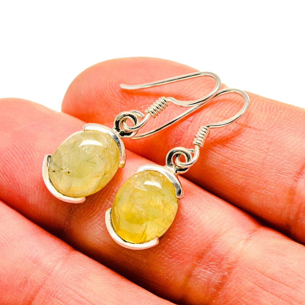 Prehnite earrings in 925 sterling silver, yellow-green oval stones, drop style.