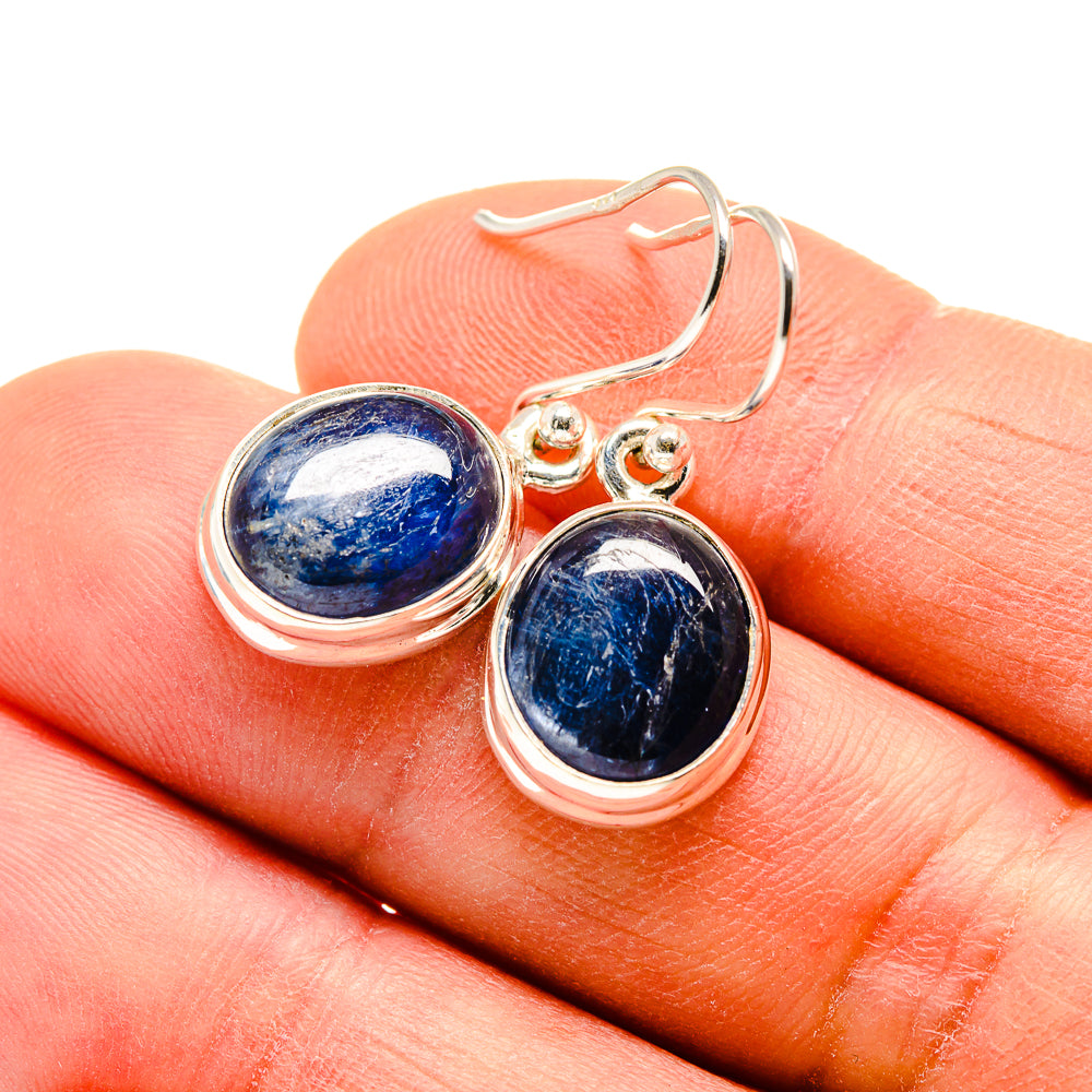 925 sterling silver Kyanite earrings, round blue gemstone drops with French hook backs