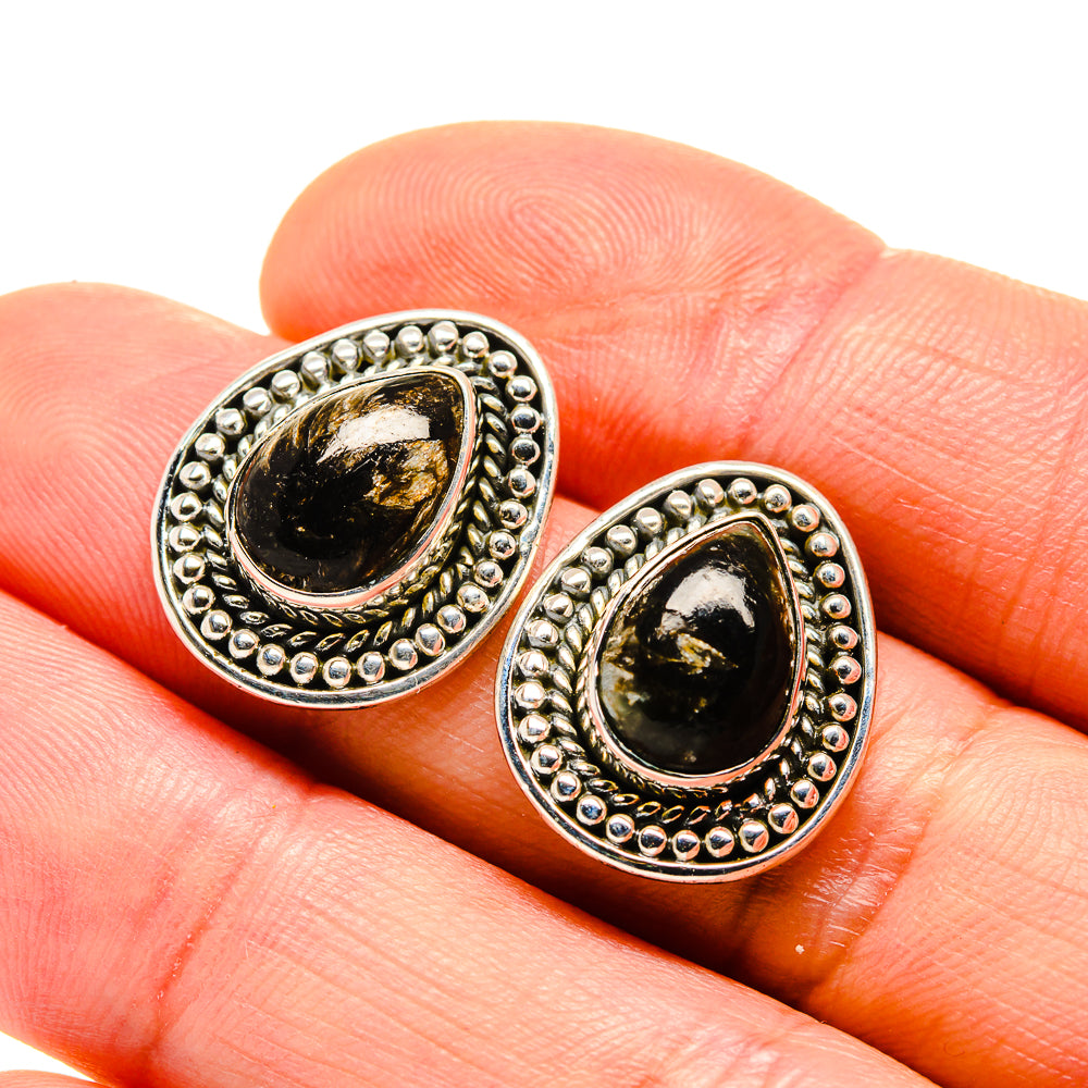 Teardrop seraphinite earrings in silver with golden-green cabochon and beaded halo