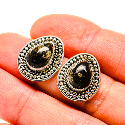Teardrop seraphinite earrings in silver with golden-green cabochon and beaded halo