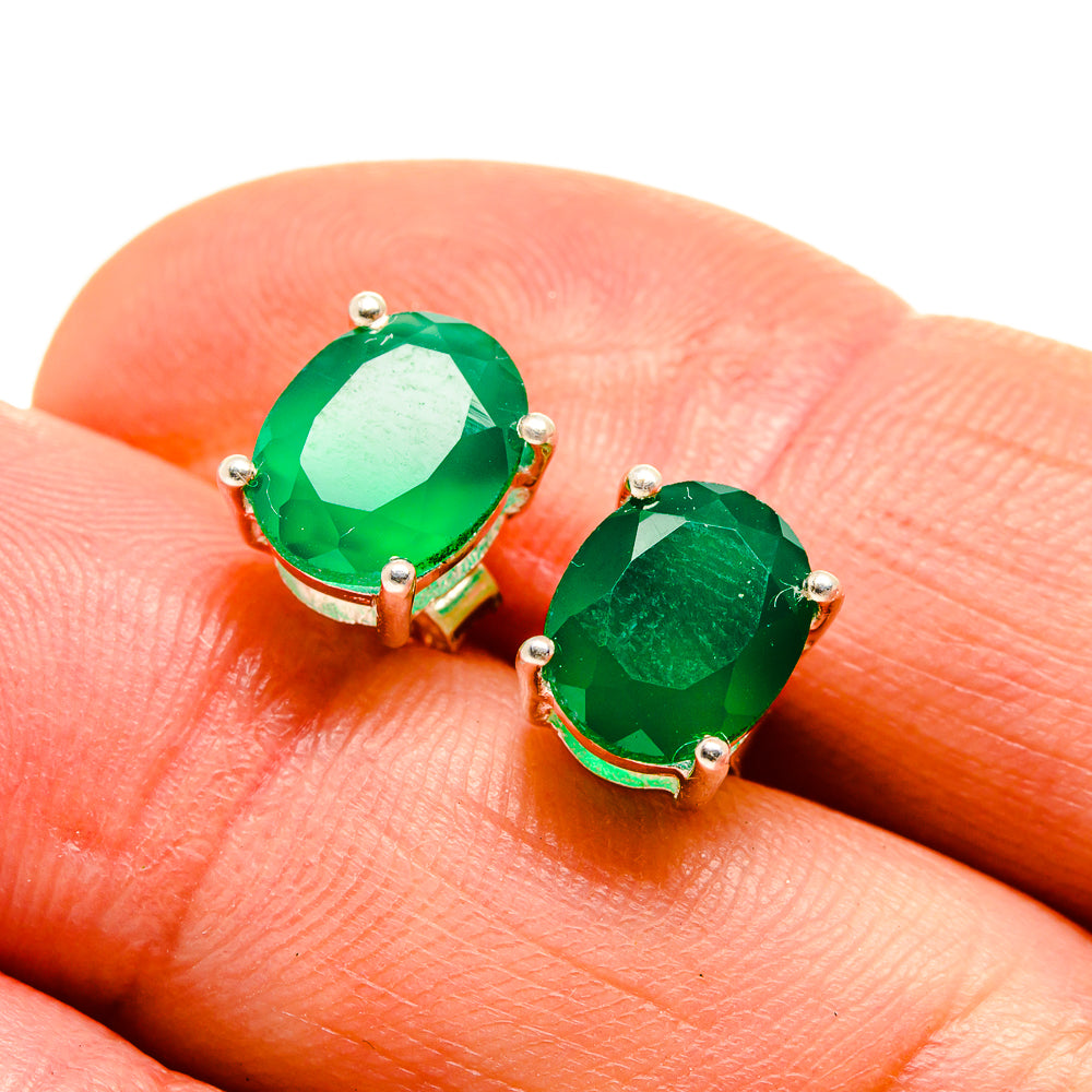 Green onyx oval stud earrings with 5 bezel prongs in sterling silver
