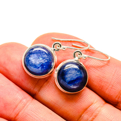 Kyanite drop earrings in 925 sterling silver with round blue stones, wire hooks.