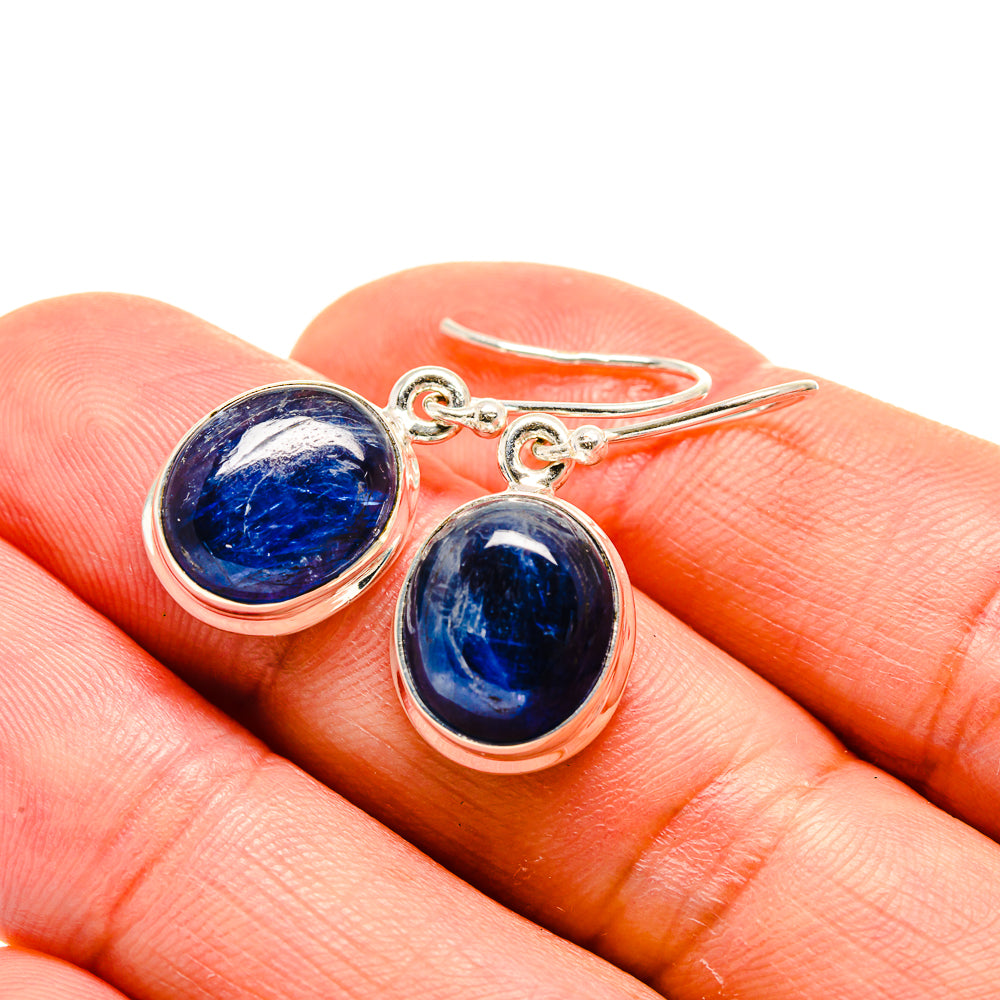 Kyanite drop earrings with blue cabochon stones and silver fishhook backs
