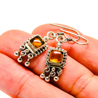 Square citrine drop earrings in sterling silver with golden gemstone and dangling beads