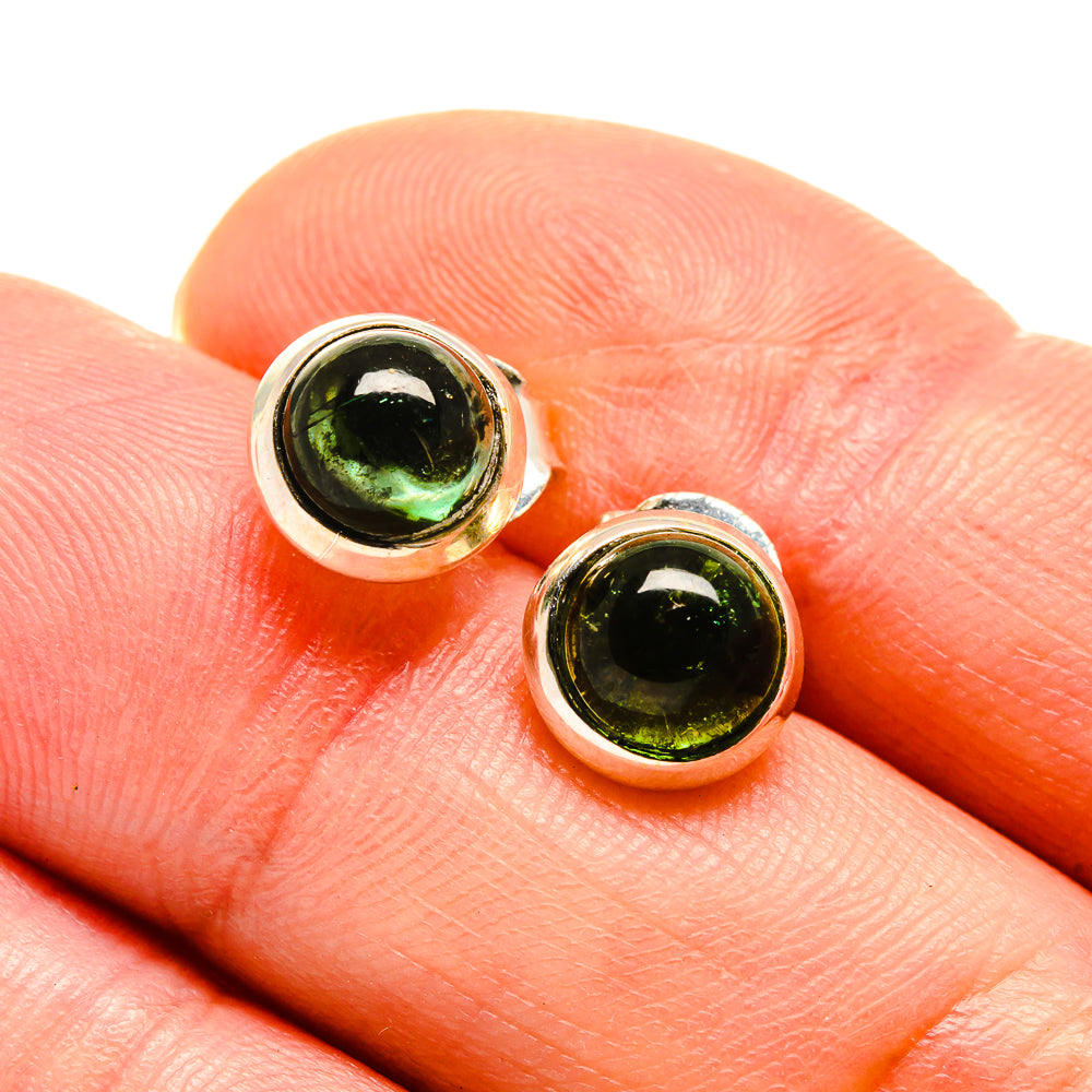 Green tourmaline stud earrings in 925 sterling silver, round bezel settings