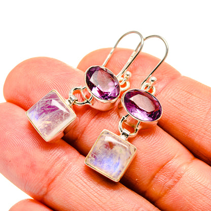 Amethyst and rainbow moonstone drop earrings, purple stones with square iridescent pendants, 925 silver