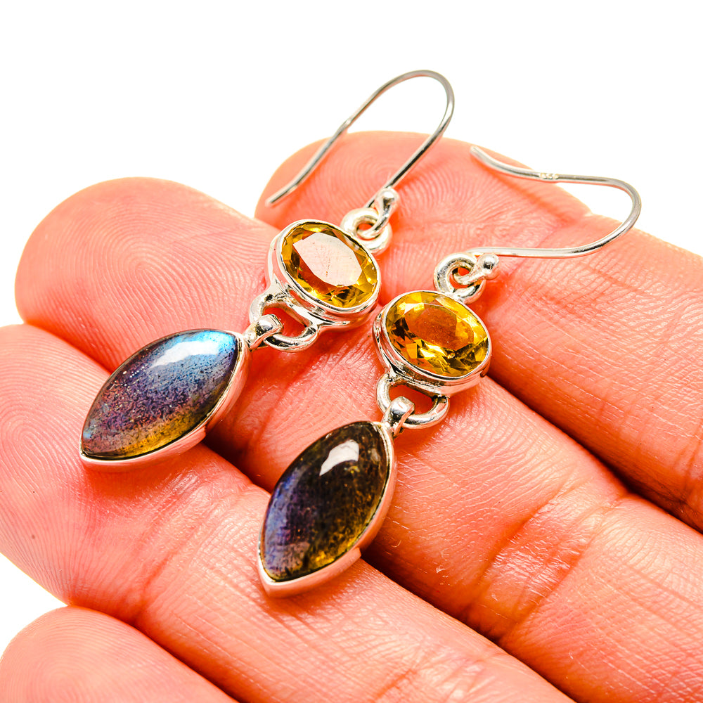 Sterling silver drop earrings with yellow citrine and dark iridescent labradorite ovals
