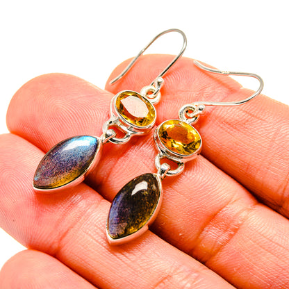 Sterling silver drop earrings with yellow citrine and dark iridescent labradorite ovals