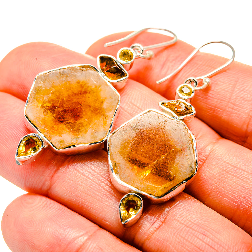 Sterling silver citrine dangle earrings with rough octagon stones and teardrop accents