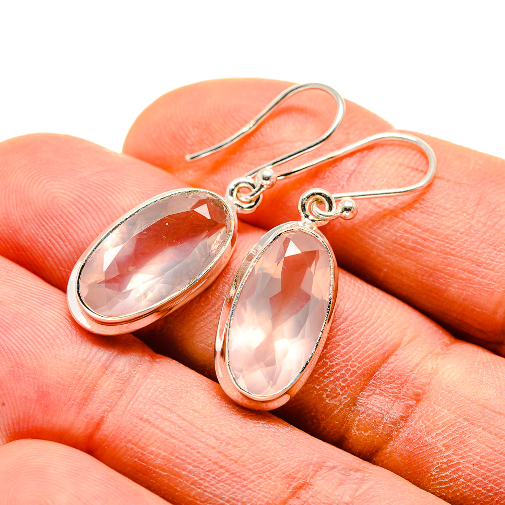 Rose quartz 925 sterling silver earrings, pear-cut pink stone drops on hooks