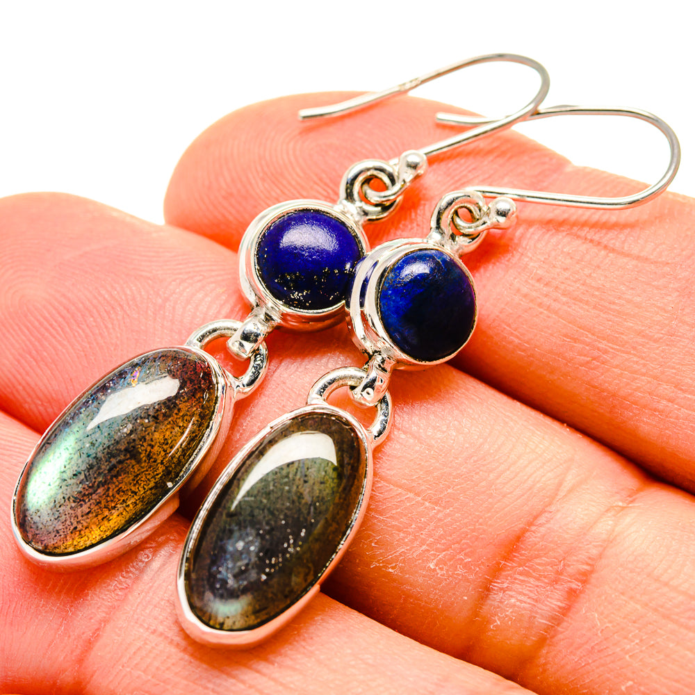 Sterling silver drop earrings with blue round cabochons and oval gemstone charms